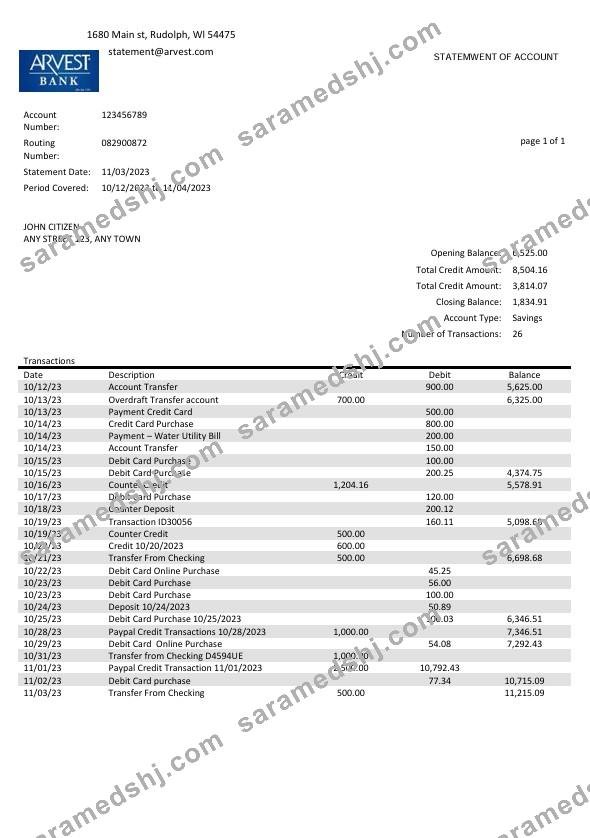 USA Arvest bank statement Word and PDF template